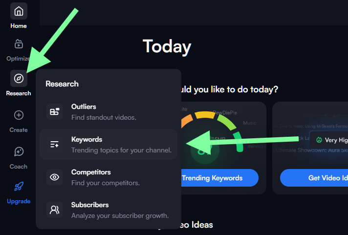 vidIQ image of the sidebar where we show the viewer how to navigate to the keyword research tool.
