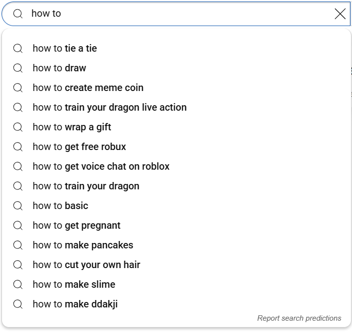 An image of youtube's search bar being used to display popular and relevant searches. The search bar has the keyword "How to" written on it. This is used to explain what are youtube keywords before explaining the importance of youtube keyword research.