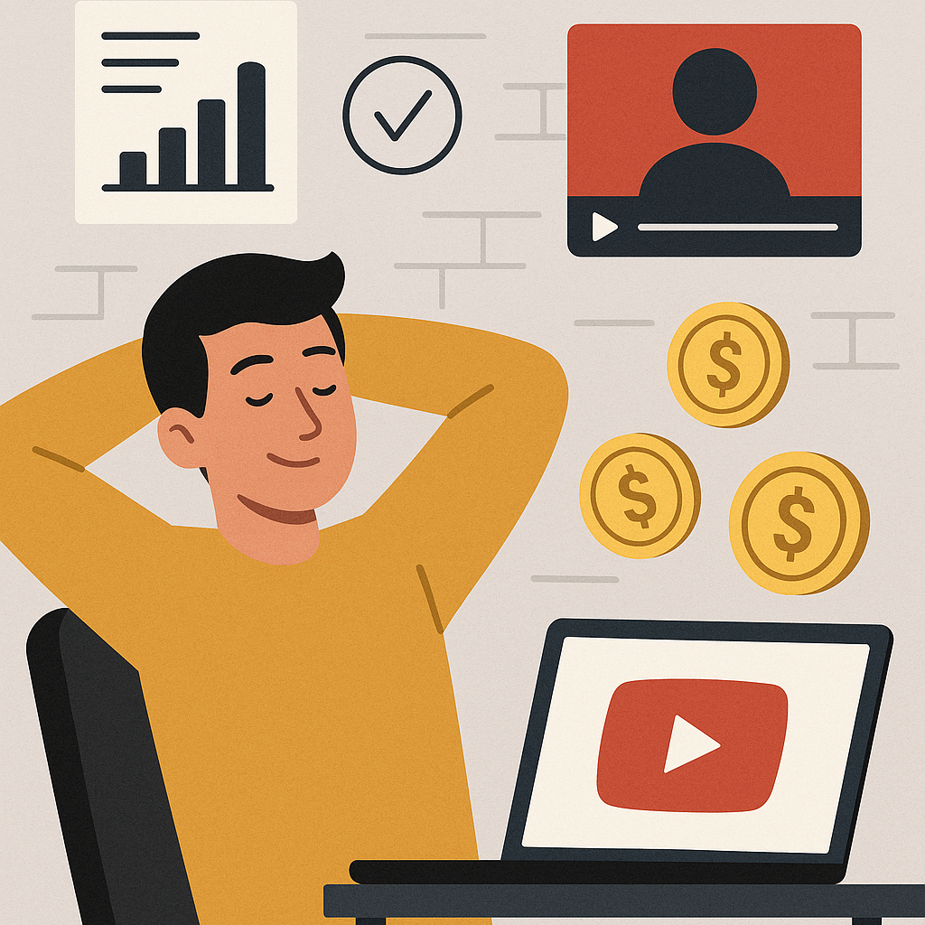 A guy sitting back and relaxing on his chair with eyes closed and hands on his head with a laptop open and a youtube logo on the screen. Above the laptop there are coins gfloating indicating the guy is earning money from youtube.