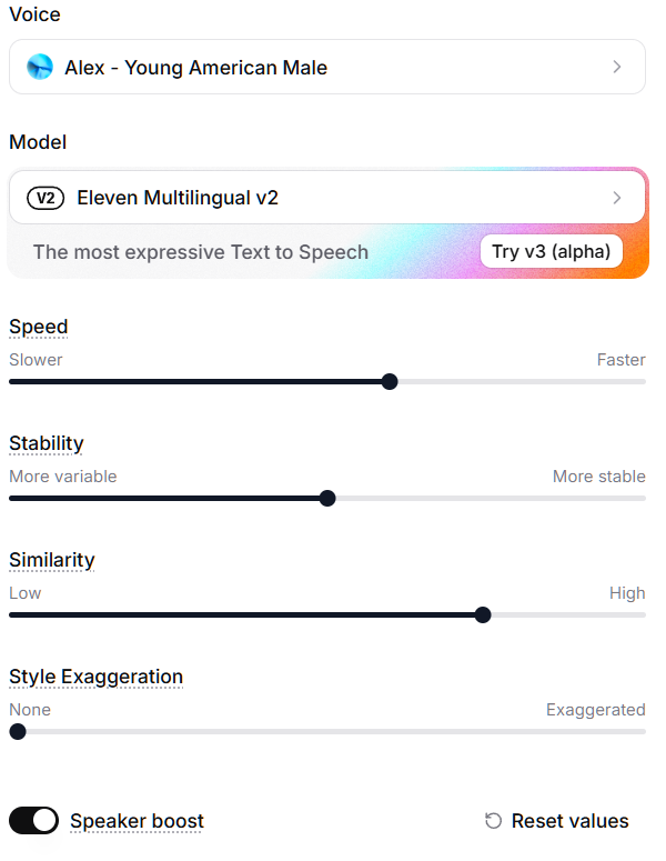 Elevenlabs dashboard showing pacing, style, emotion sliders Elevenlabs dashboard showing pacing, style, emotion sliders
