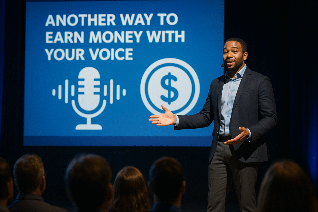 Keynote speaker on stage showing another way to earn money with your voice Keynote speaker on stage showing another way to earn money with your voice
