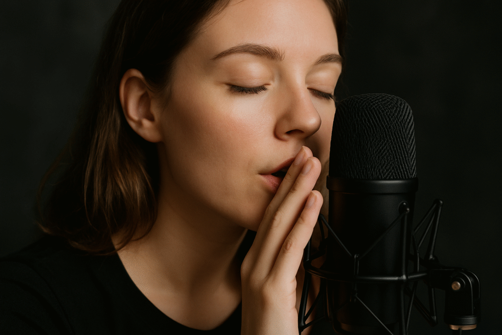 ASMR narration to earn money with your voice Person whispering into a high‑quality mic for ASMR