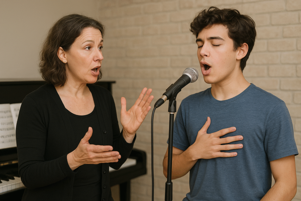 voice coaching session to earn money with your voice Coach guiding a student through vocal exercises