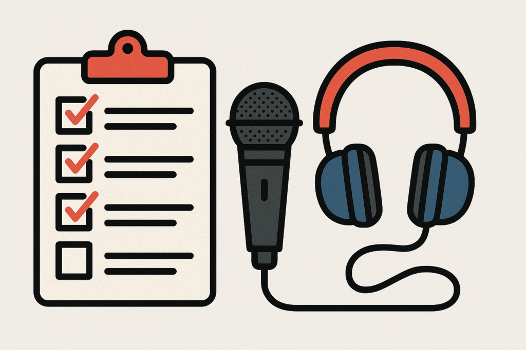 free checklist to earn money with your voice Graphic of a checklist, microphone, and headphones
