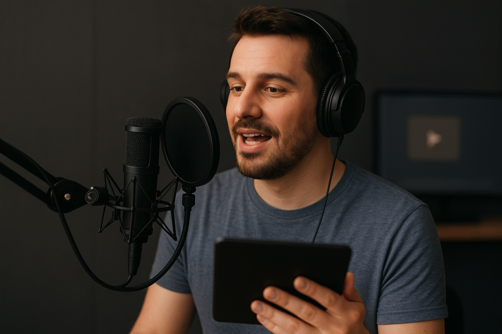Person voice overing into a high‑quality mic for a video Person voice overing into a high‑quality mic for a video