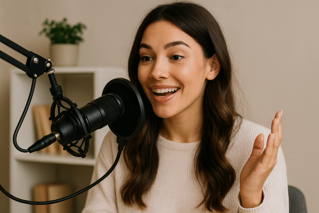 Influencer talking to a mic for social media voice-over.