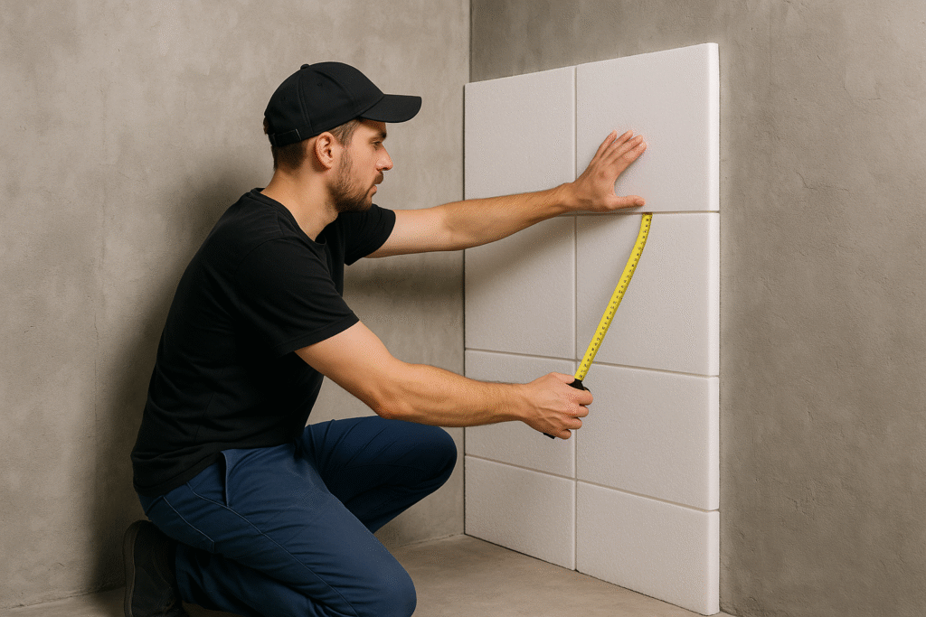adding acoustic treatment to a budget home recording studio Person measuring wall and sticking foam panels in a corner inside a studio.