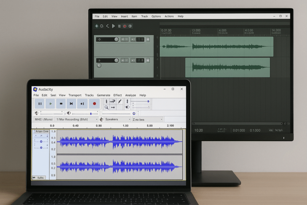 free software choices for budget home recording studio Laptop screen showing Audacity alongside Reaper on a dual‑monitor setup.
