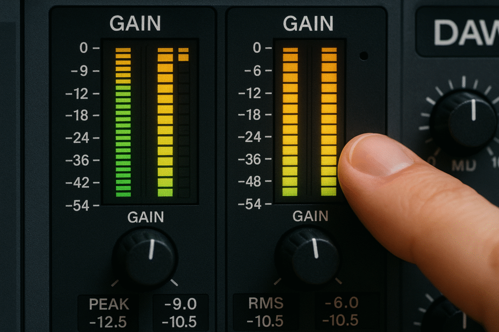 setting levels in a budget home recording studio Close‑up of DAW meters while adjusting gain